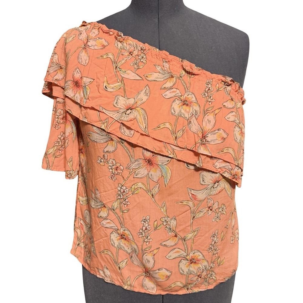 A New Day Blouse Womens XS Coral Floral One Shoulder Ruffle Flutter Rayon Top